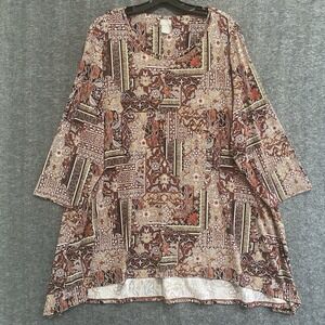 Chicos Top Womens 4 XXL Red‎ Floral Sequin Boho Stretchy Tunic Casual Lagenlook